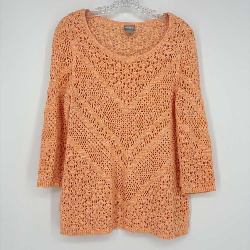 Chico's Size Small Crochet Orange Open Weave Pullover Sweater Coastal Grandma